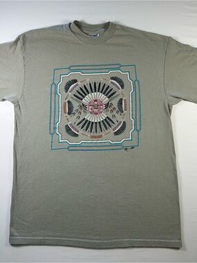 Vintage Hanes Beefy T Shirt Adult L Sage Green Tribal Graphic Single Stitch